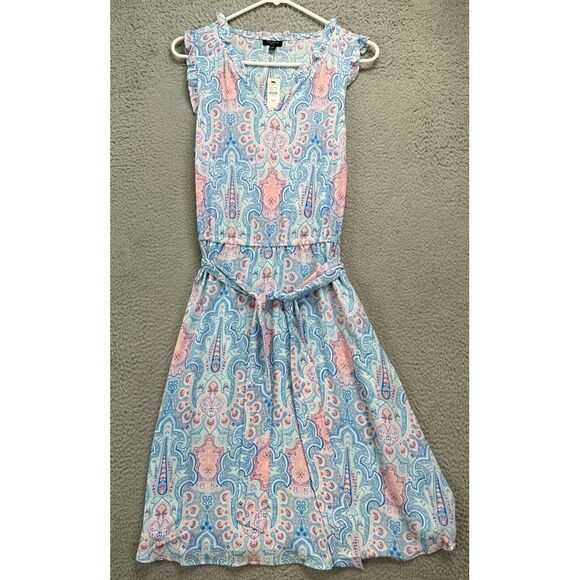 Talbots Dress‎ Women 12P Petite Multi Paisley Ruffles Tie Belted A-Line Midi NEW - Picture 1 of 12